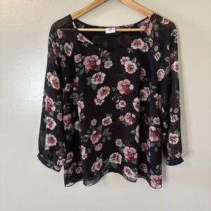 CAbi Garden Floral Top Black Pink Floral Blouse #3595 Sheer Sleeves Size Medium
